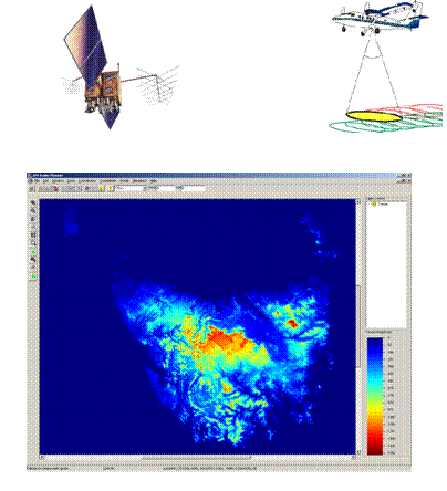 images: satellite, LIDAR airoplane, satellite map of Tasmania